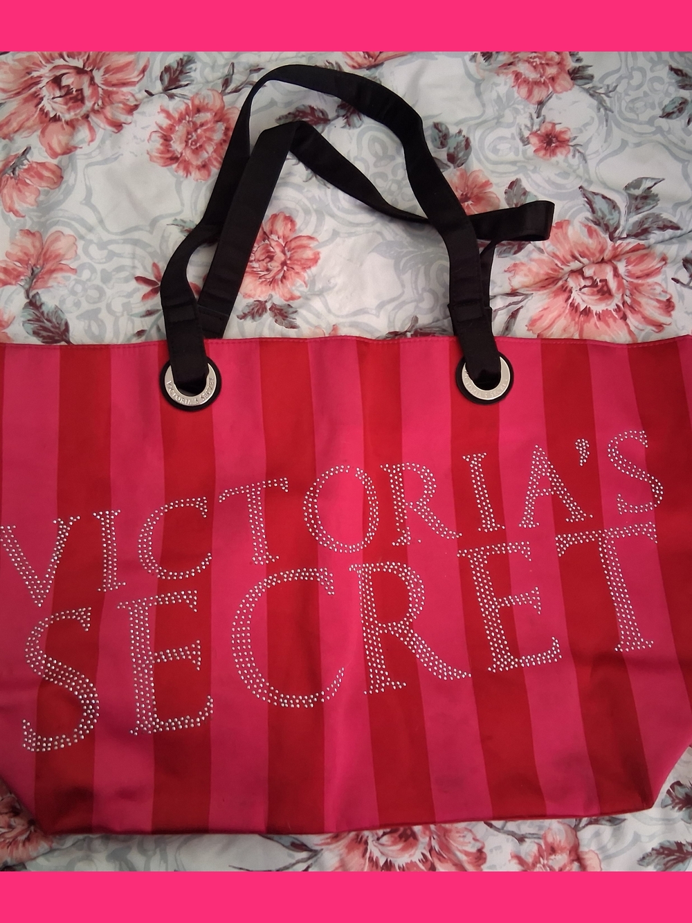 Victoria's Secret Hot Pink and Red Striped Tote with Rhinestone Logo